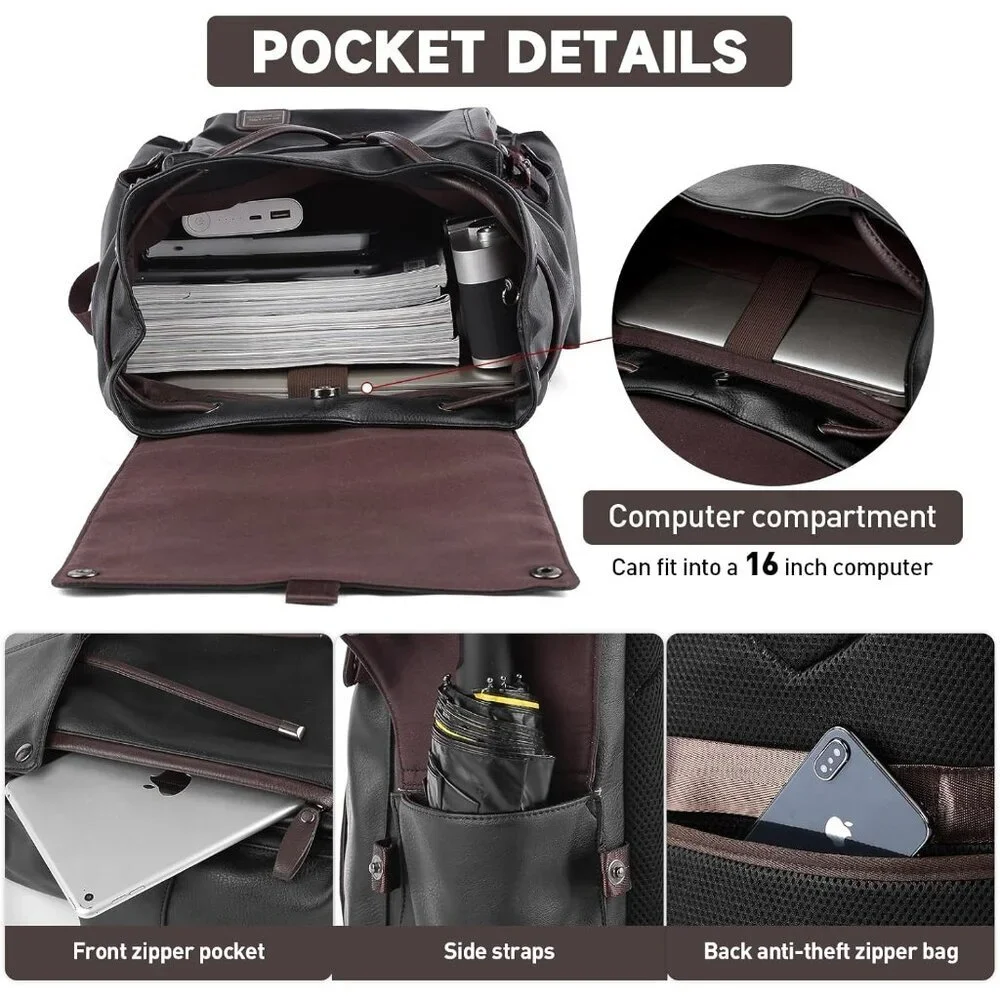 Men's Black Vintage Pu Leather Water-resistant College Casual 15.6